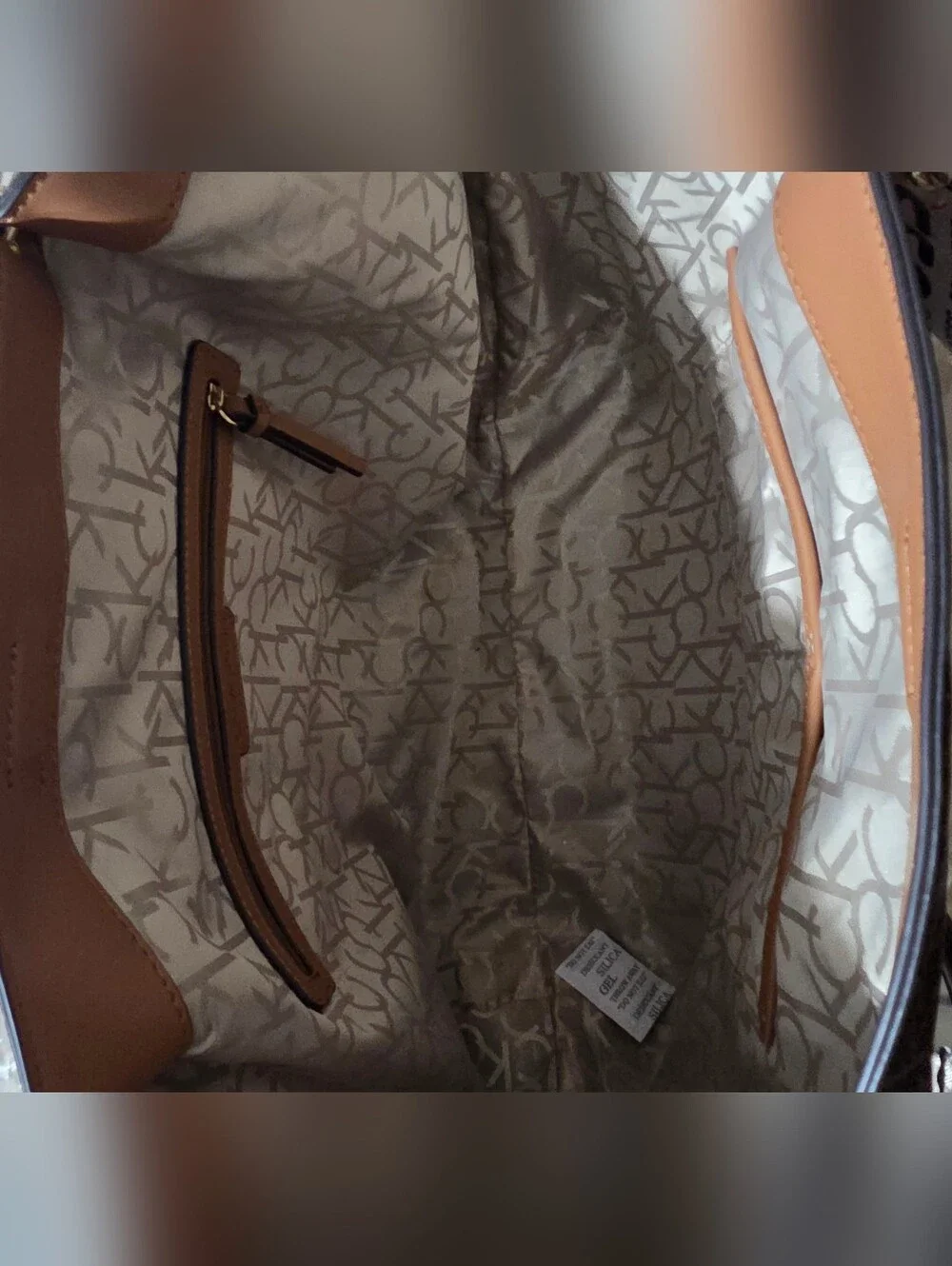 Calvin Klein Dark Brown Monogram Tote with Tan Trim